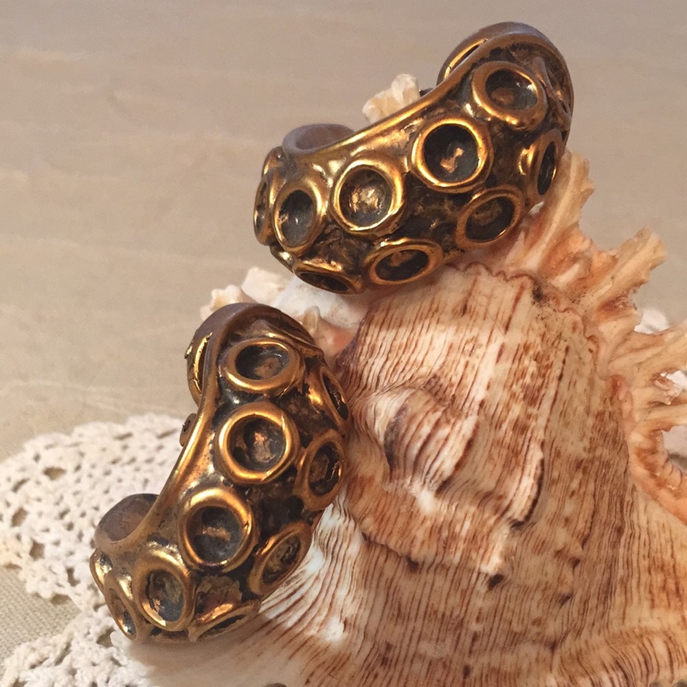 Vintage Steampunk Brutalist Octopus Tentacle Clip Earrings Mod Nautical